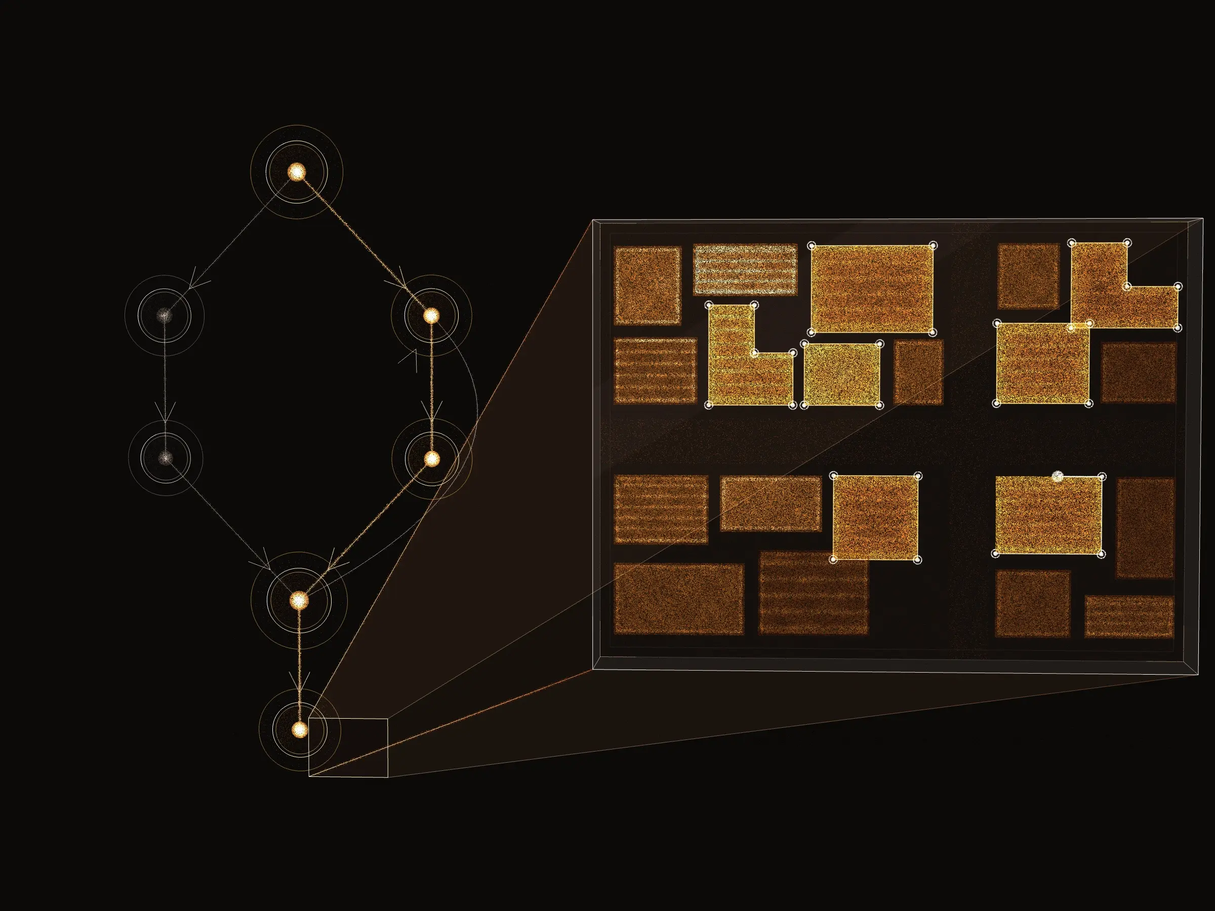 The agent's run seen straight on: a graph on the left that branches, rejoins and loops back, with the route this run took lit, and on the right the frame it is working, its accepted masks washed over the roofs they cover and traced as polygons with a handle at every corner
