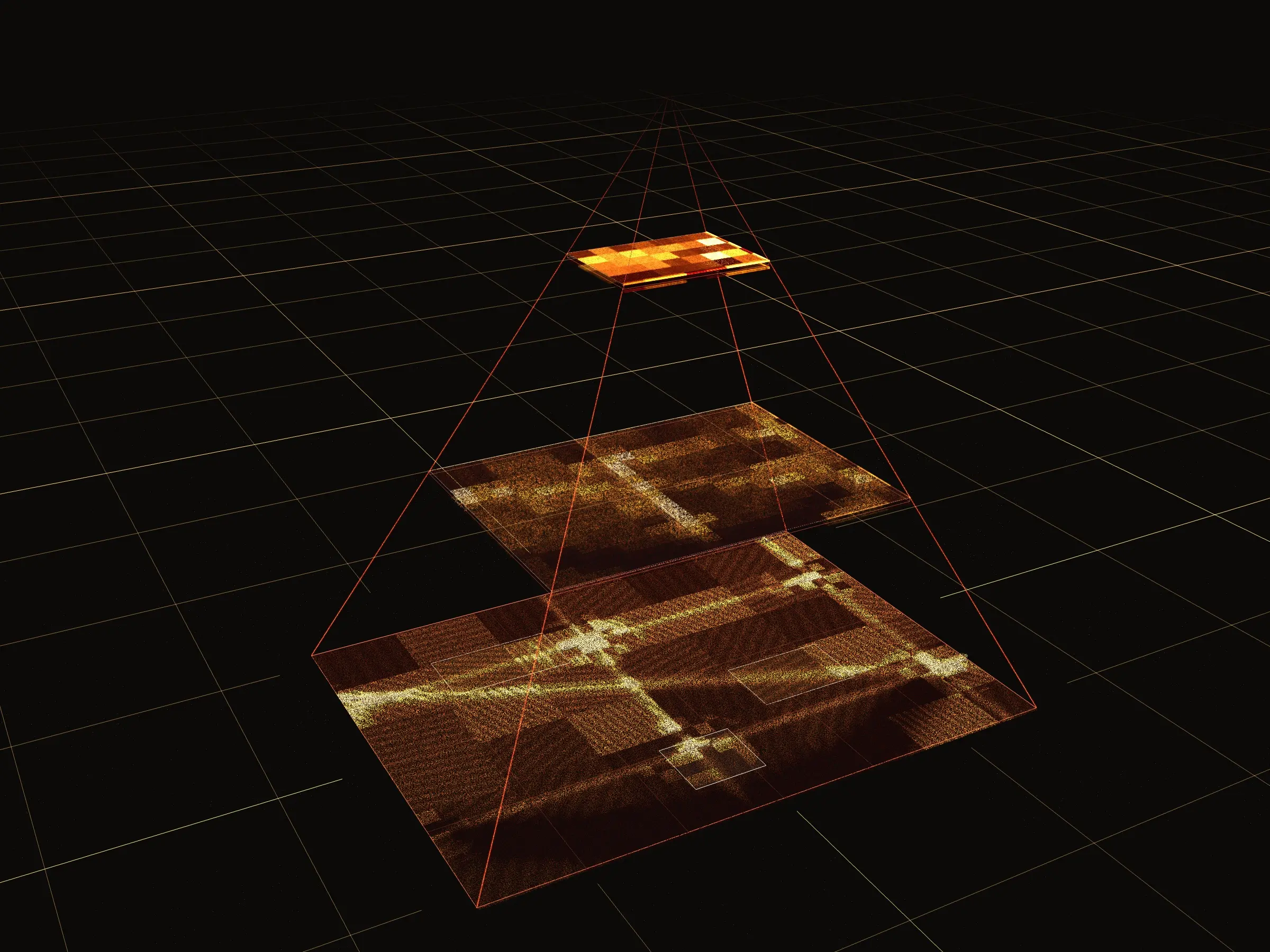 One image running past every edge of the frame, held as dim tiles, with a single patch loaded at full detail: roads, fields, a river and a town, with labels drawn on it, and the coarser levels of its tile pyramid stacked above