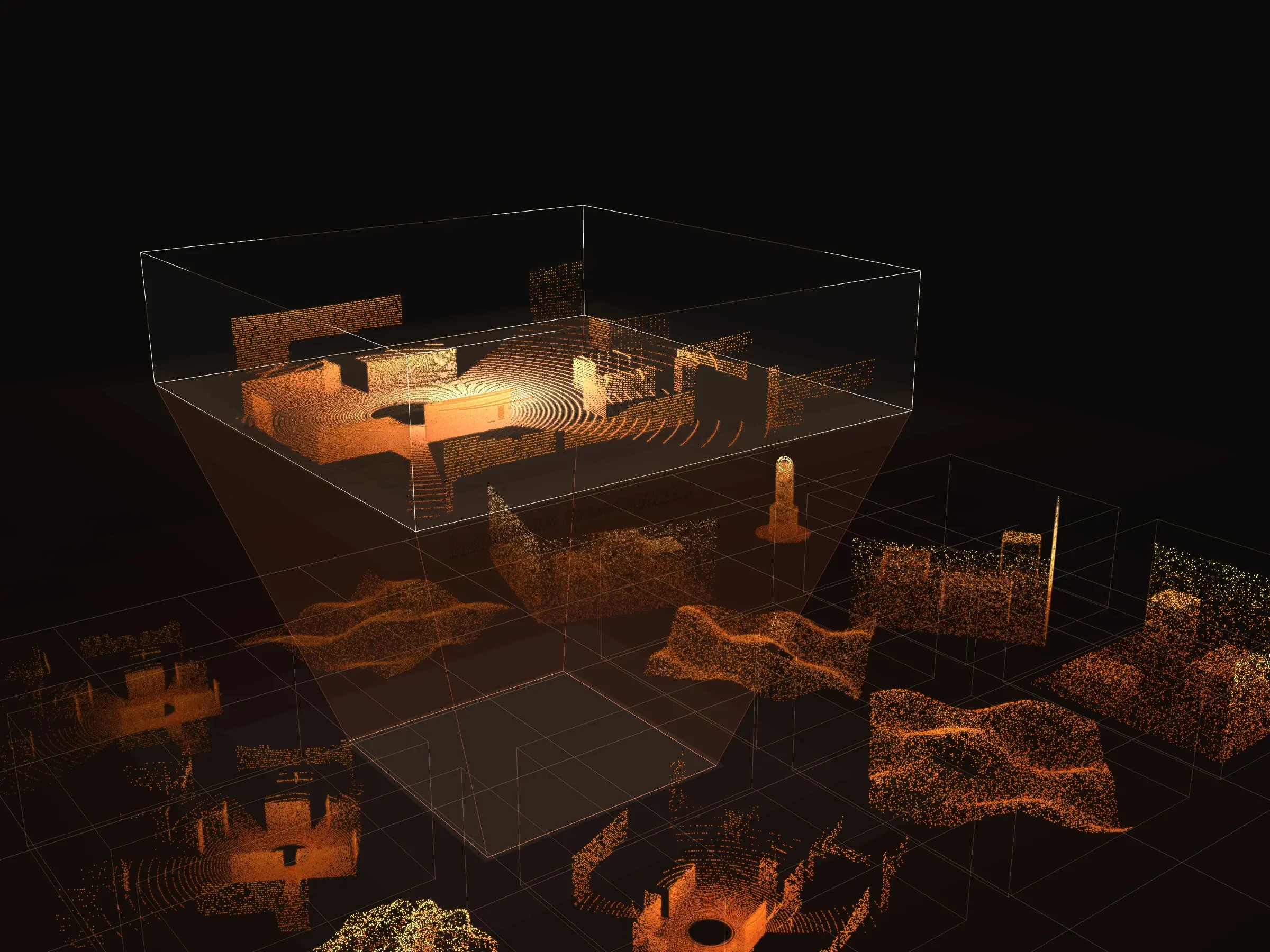 A shelf of datasets captured from the physical world, each held in its own glass case: terrain, a scanned room, a robot arm, a vehicle, a medical volume. One case has been lifted out of its slot and lit, a dense street scan inside it, with the empty slot still glowing below